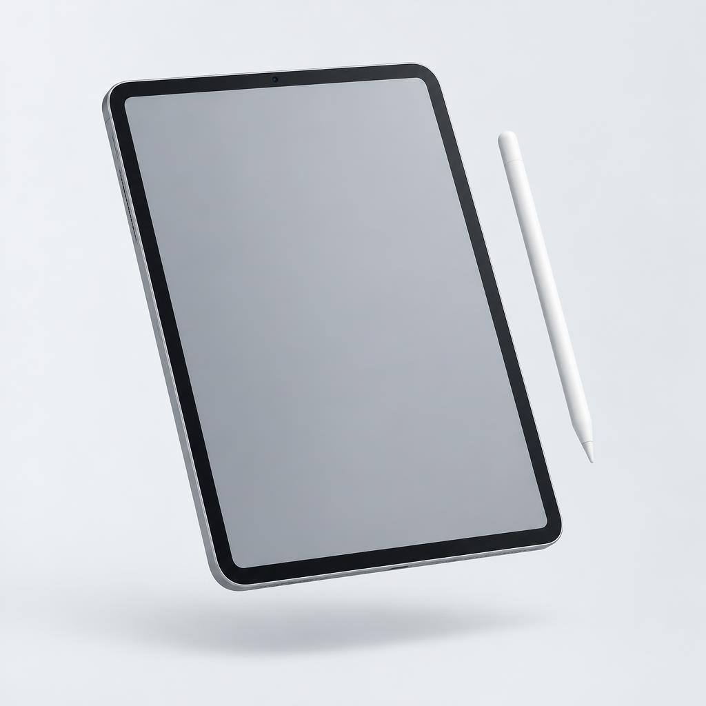 iPad centered in a soft grey studio setting