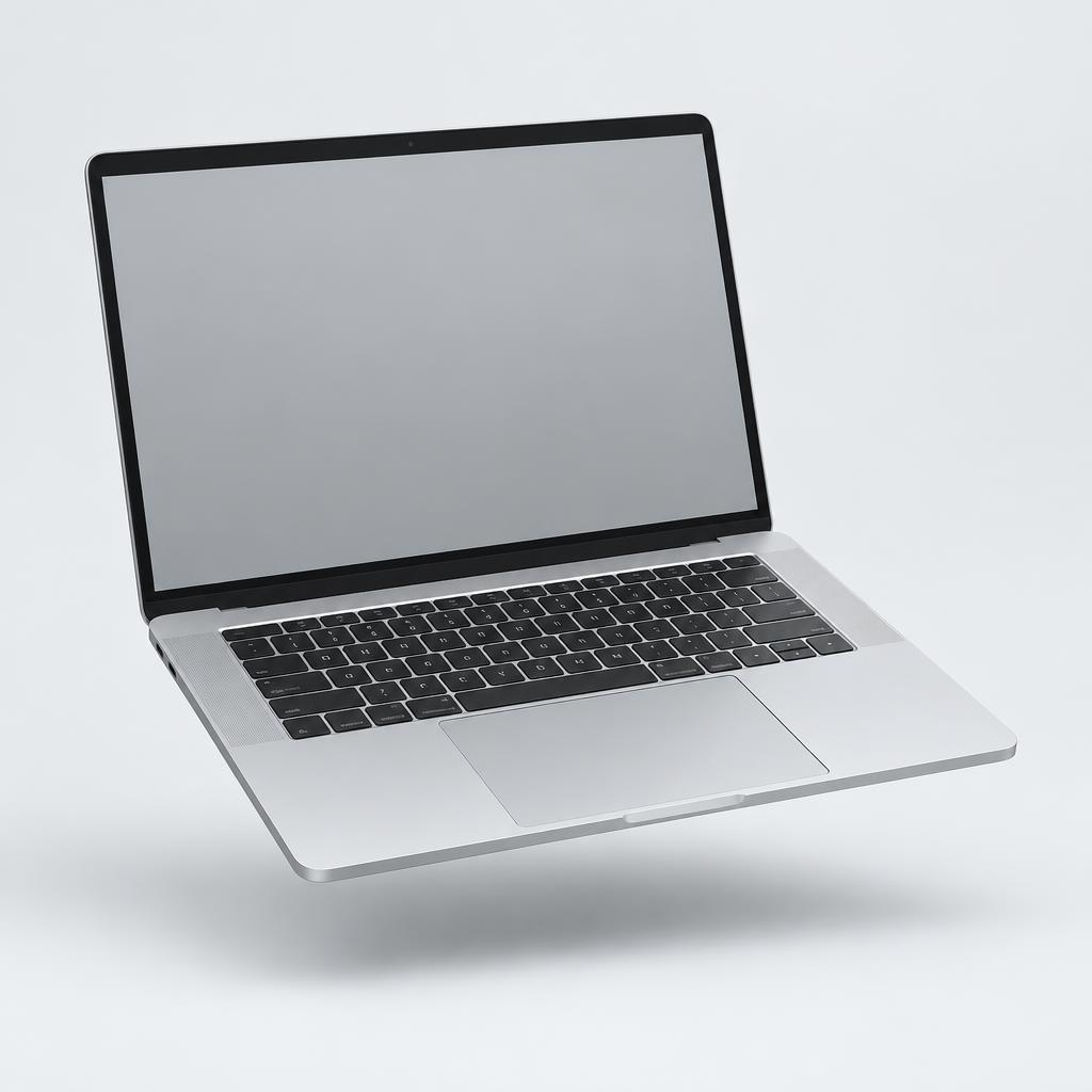 Mac laptop centered in a soft grey studio setting